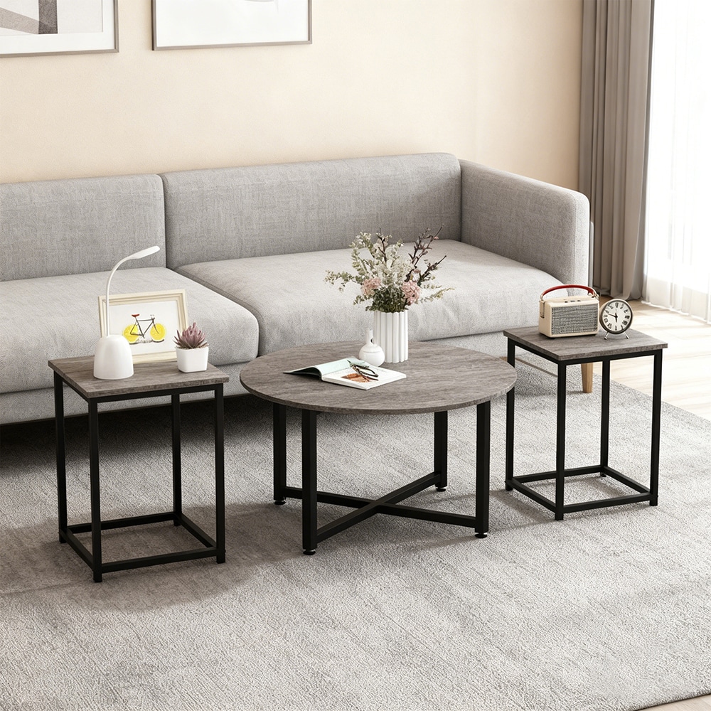 3-Piece Coffee Table Set Round Coffee Table And 2PCS Square End Tables_voghion.com